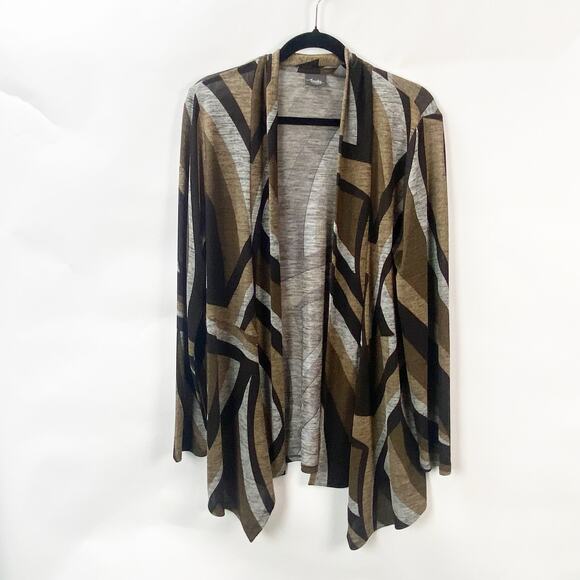 2/$30 Travelers Chico's 2 Large Womens Brown Tan Geometric Open Cardigan Sweater - Picture 1 of 10